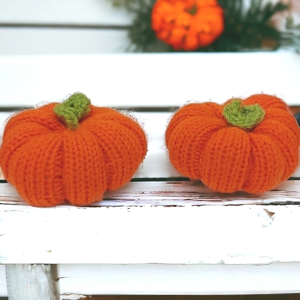 One-of-a-Kind Hand Knit Pumpkins 2pc Set 2.5x14 Inches